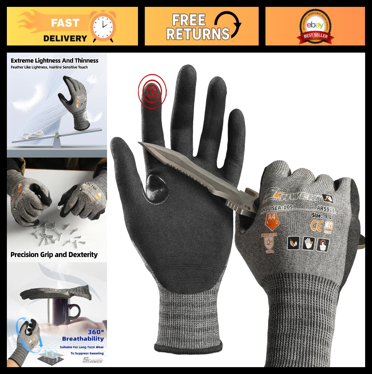 6 Pairs Cut Resistant Work Gloves, A4 AIR-SKIN, Heavy Duty, Size M, Safety Gear 6 Pairs Cut Resistant Work Gloves, A4 AIR-SKIN, Heavy Duty, Size M, Safety Gear