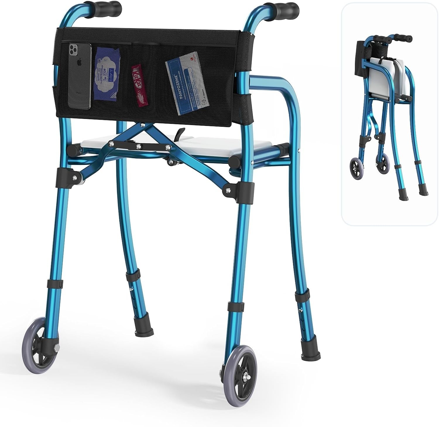 VOTOHRT Narrow Folding Walker with Seat for Seniors Compact Travel Blue 330lb