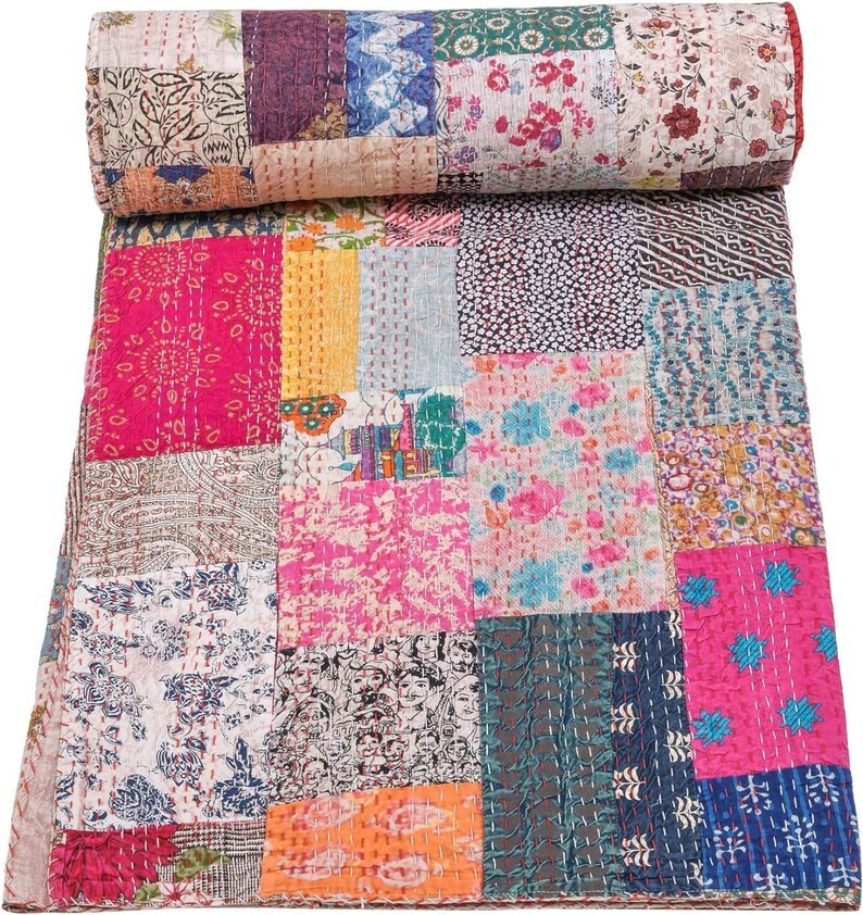 Vintage Multi  Patchwork Kantha Quilt, Handmade Cotton Bedding 90X108