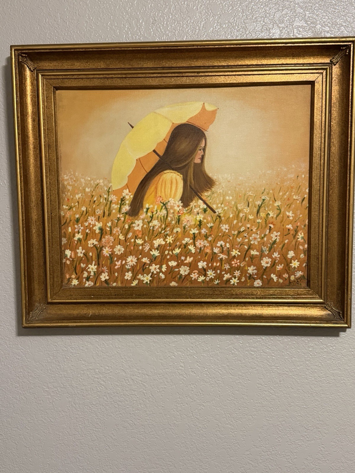 Vintage Oil On Canvas “Girl Walking Thru Wildflowers”Sign By Shelia Dowdell Vintage Oil On Canvas “Girl Walking Thru Wildflowers”Sign By Shelia Dowdell