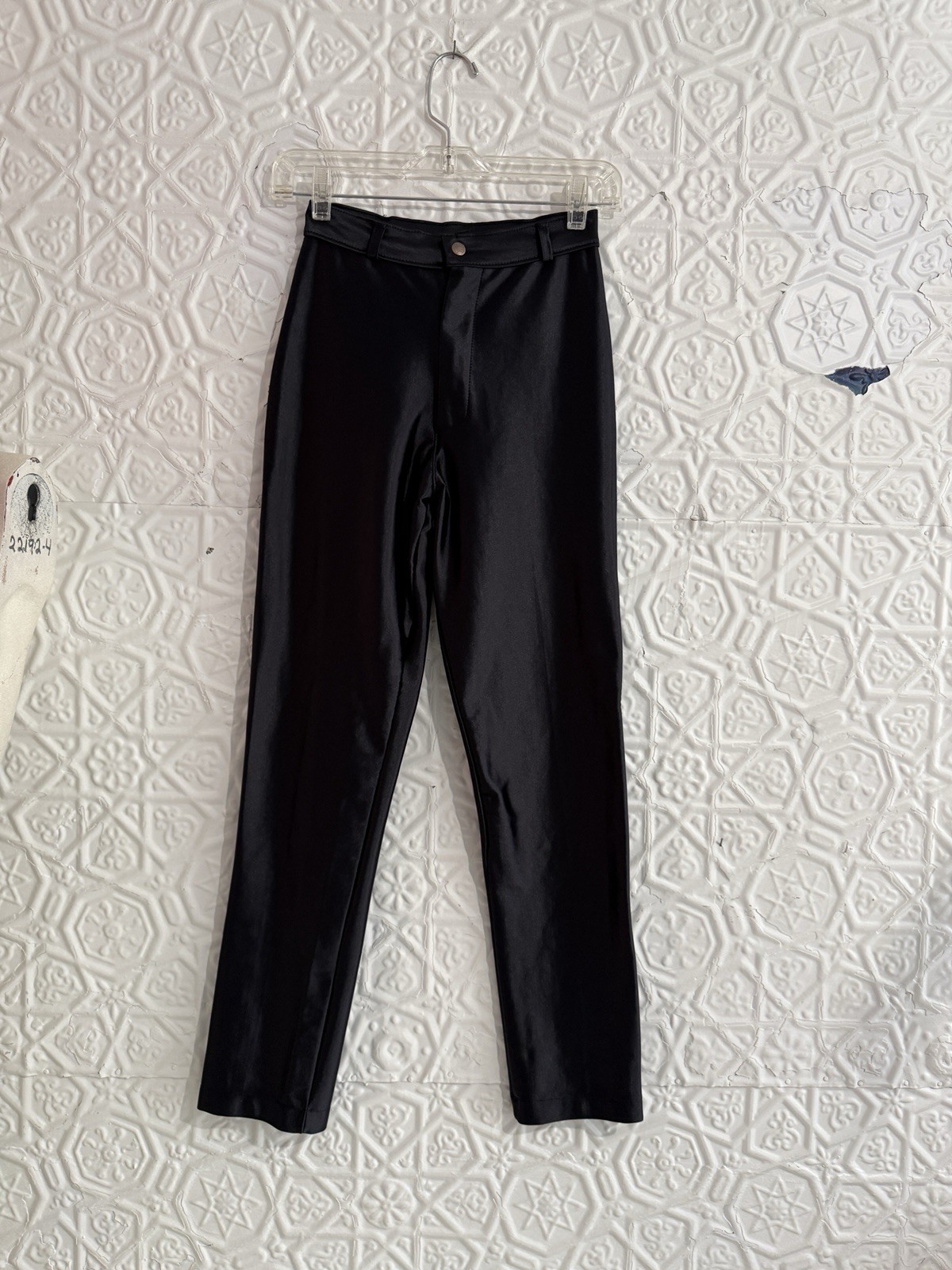vintage black shiny 1980s/80s Pants-Sandy-Grease-Fredricks Stretch Disco Glam XS vintage black shiny 1980s/80s Pants-Sandy-Grease-Fredricks Stretch Disco Glam XS