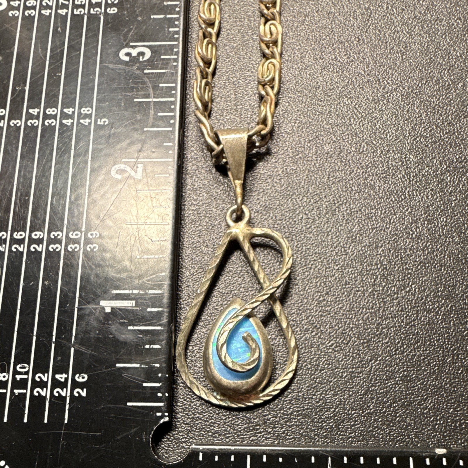 Vintage Hand Fabricated Artisan S-Link Chain Necklace Mosaic Opal Inlay Pendant