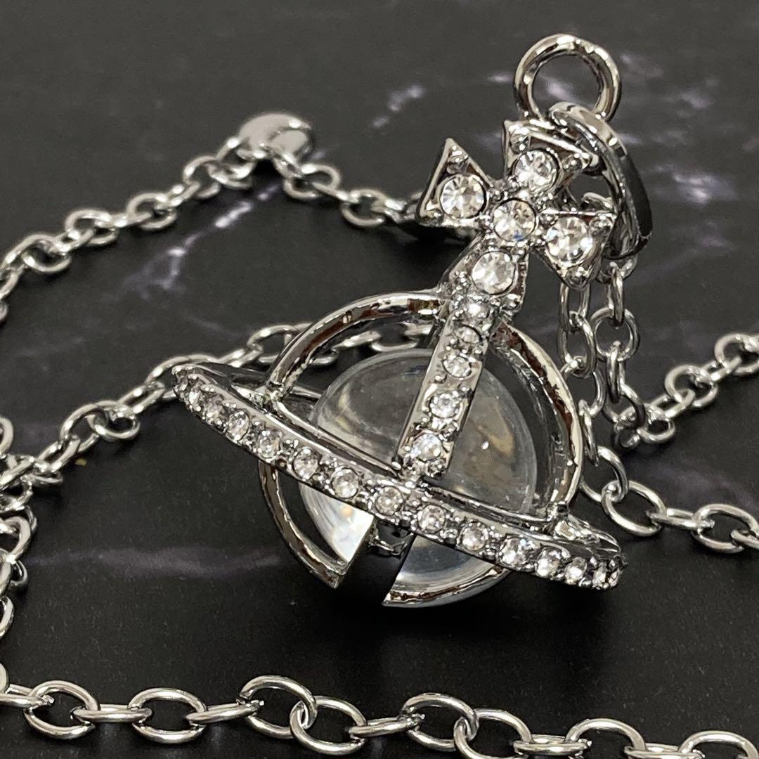 【In Box/Pouch】Vivienne Westwood Orb globe Necklace Silver Rhinestone Top 3.5cm