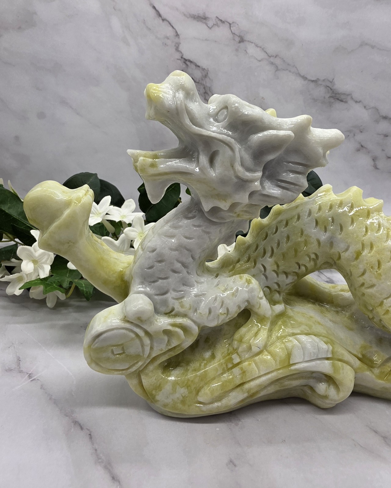 XL Jade Dragon Statue Feng Shui Pearl Serpentine Xiuyan Jade Carving Large Cryst