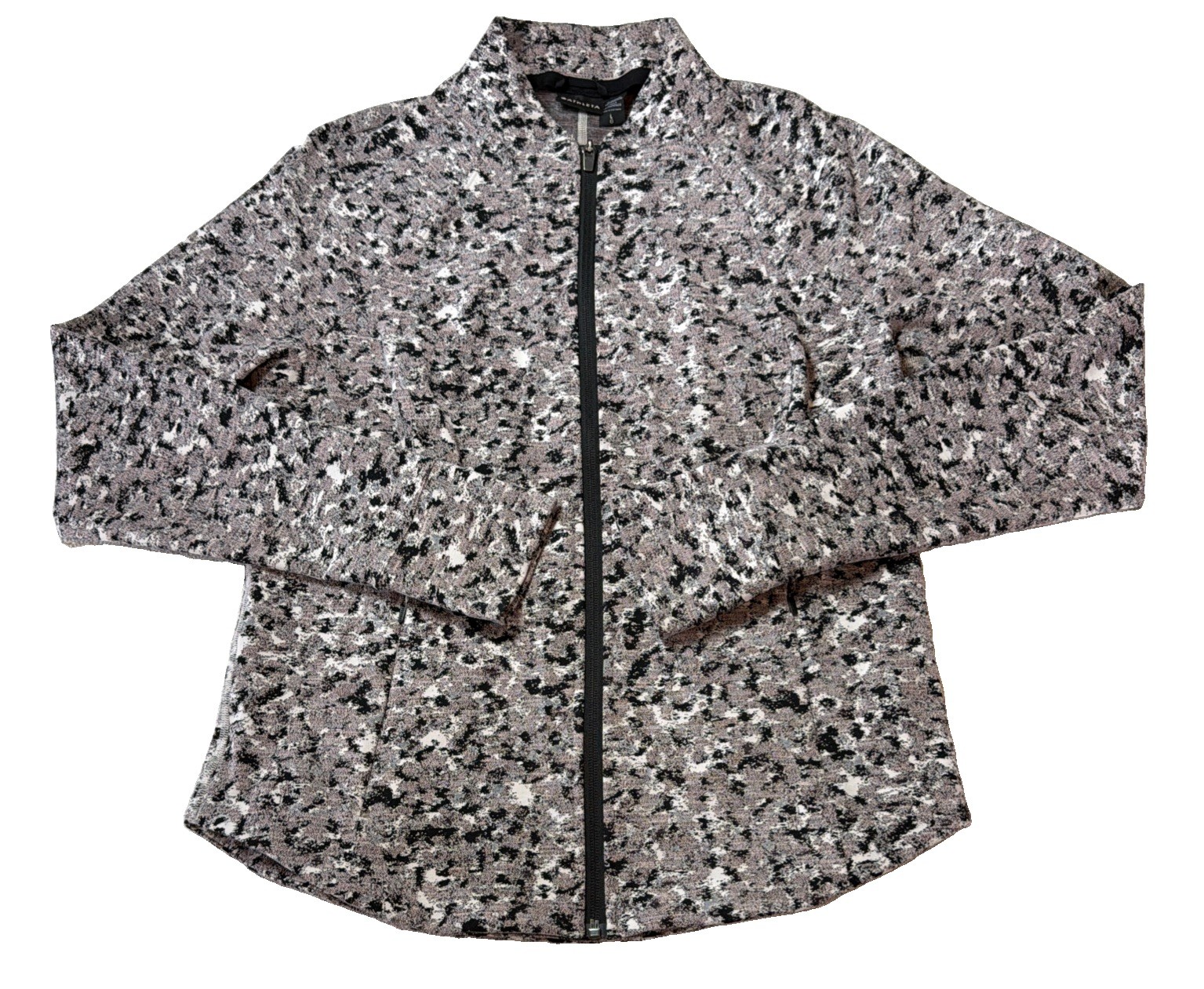 ATHLETA Women\'s Shanti Salutation Print Knit Jacket Large Mauve Black White