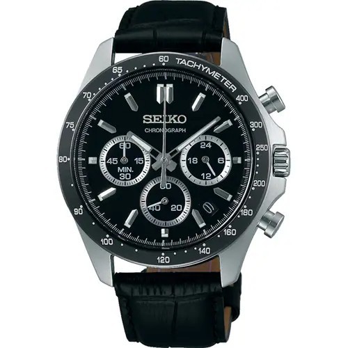 Seiko SBTR021 Black Dial Chronograph Quartz Men\'s Watch Leather Strap JDM New