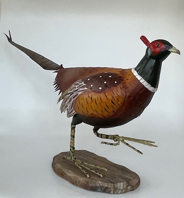 Handcrafted Metal Pheasant Figurine on wood base, H 10 in