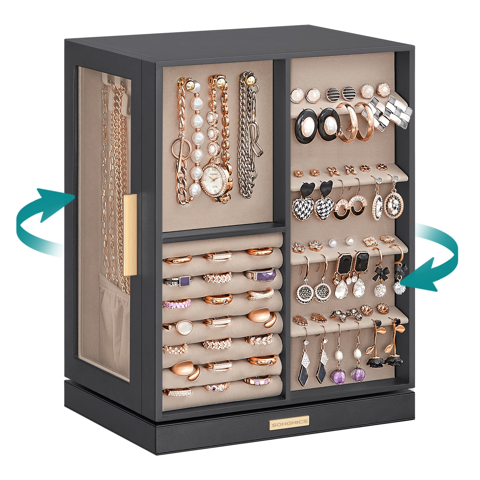 SONGMICS Jewelry Box Organizer, 360° Rotating, 5 Drawers, Gray And Beige