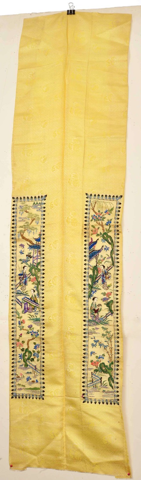 1900\'s Chinese Yellow Silk Embroidery Cuff Sleeve Band Panel Textile Figure Mk