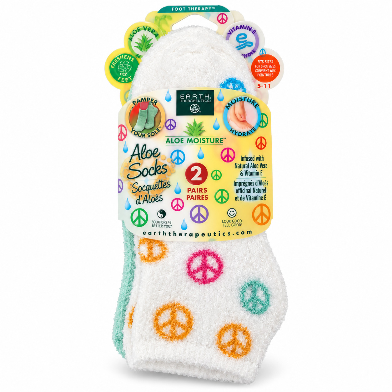 Earth Therapeutics Aloe Socks 2 Pairs Aloe Vera Vitamin E Moisturizing Fits 5-11