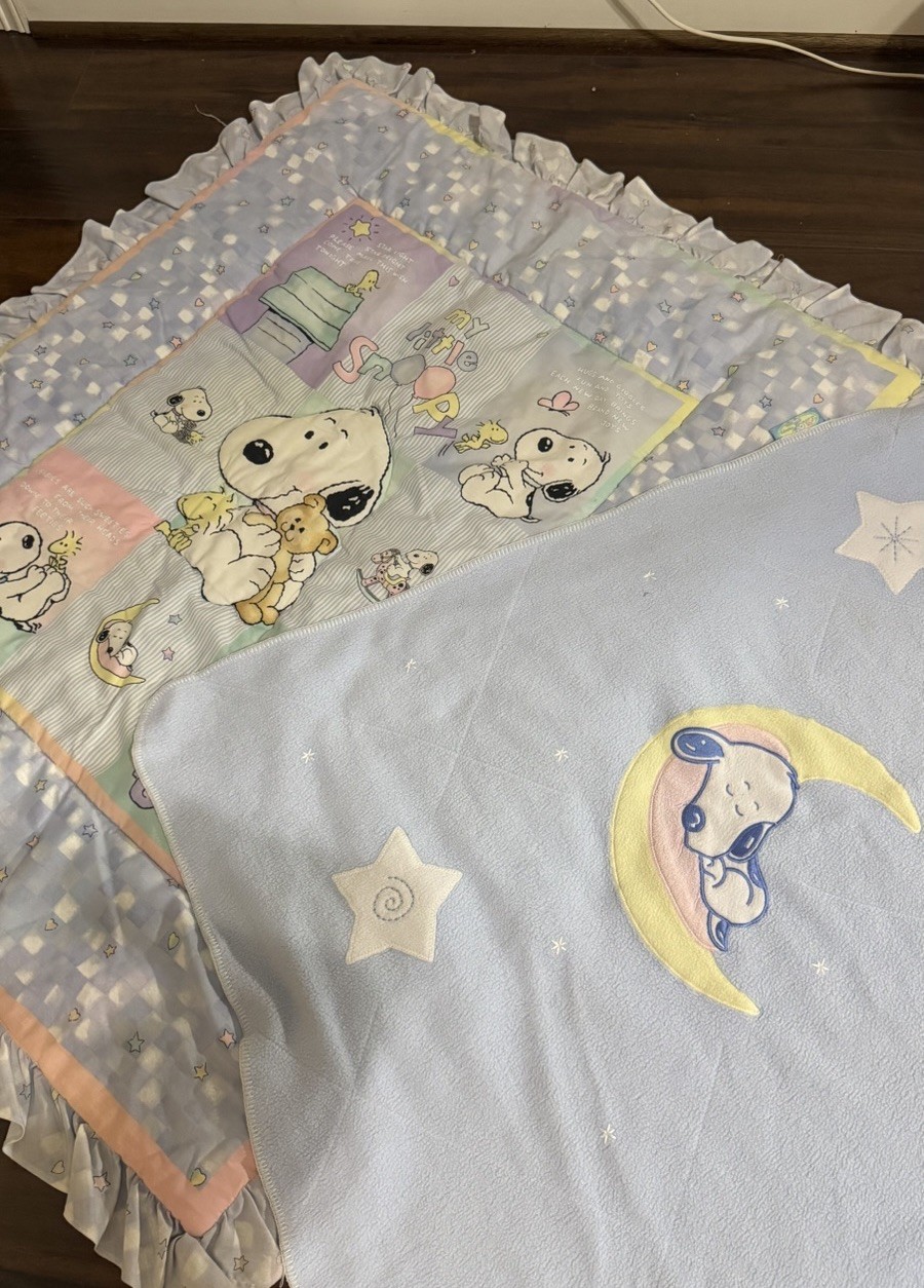 Vintage My Little Snoopy Baby Quilt Lambs & Ivy Baby Blanket Ruffle 40.5 x 30.5