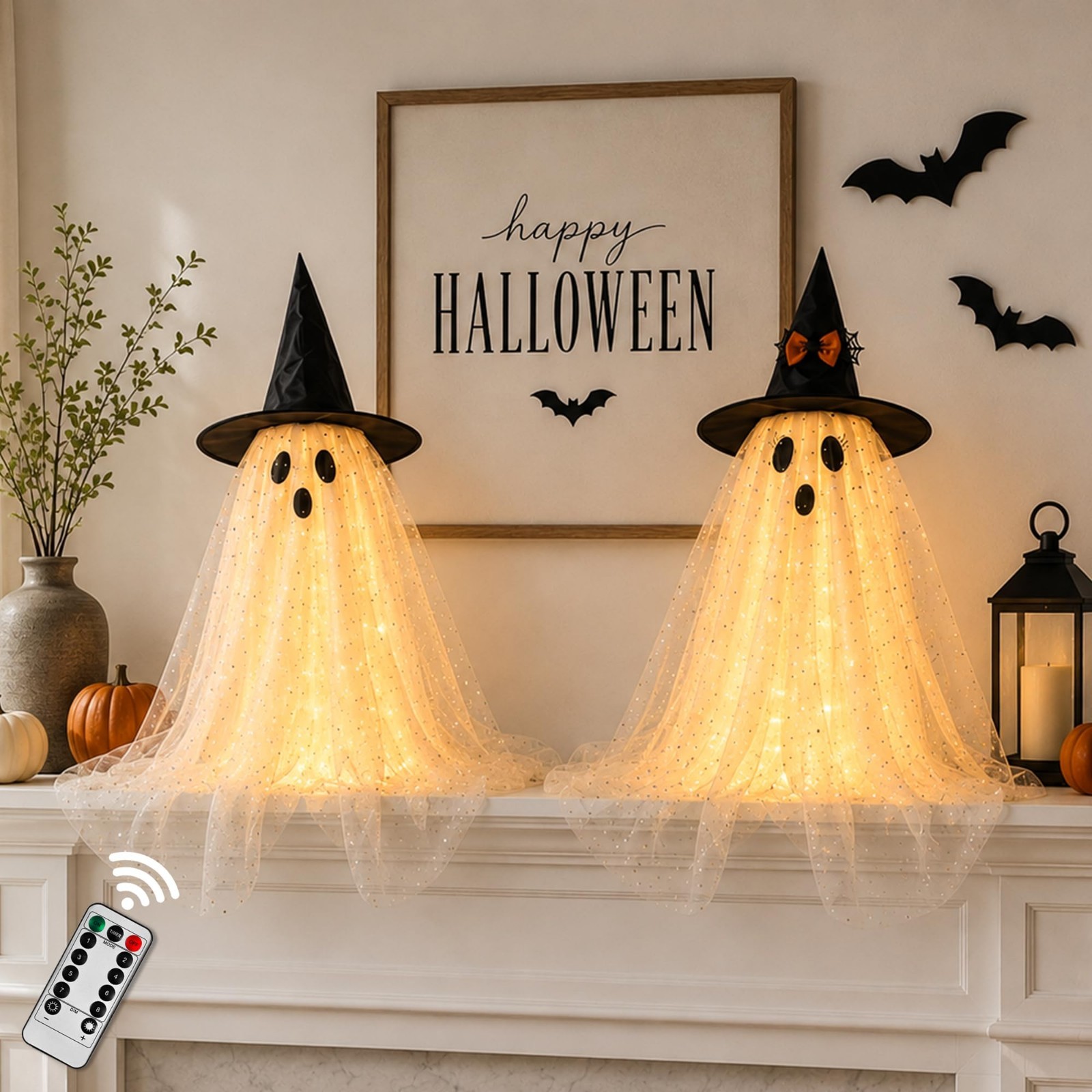 2pcs Spooky Ghost Decorations with String Lights & Remote Control for Halloween
