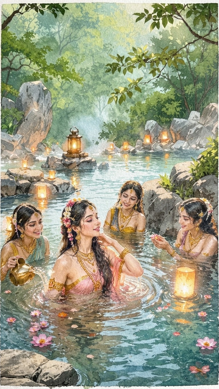 Original Watercolor Oriental Painting-Indian Women Bathing in Forest Waterfall