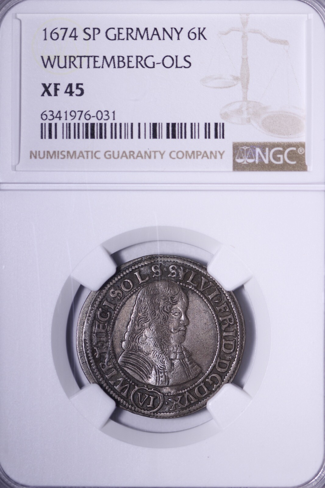 1674-SP Germany Württemberg-OLS 6 Kreuzer Silver Coin NGC XF45 Super Neat ACPX