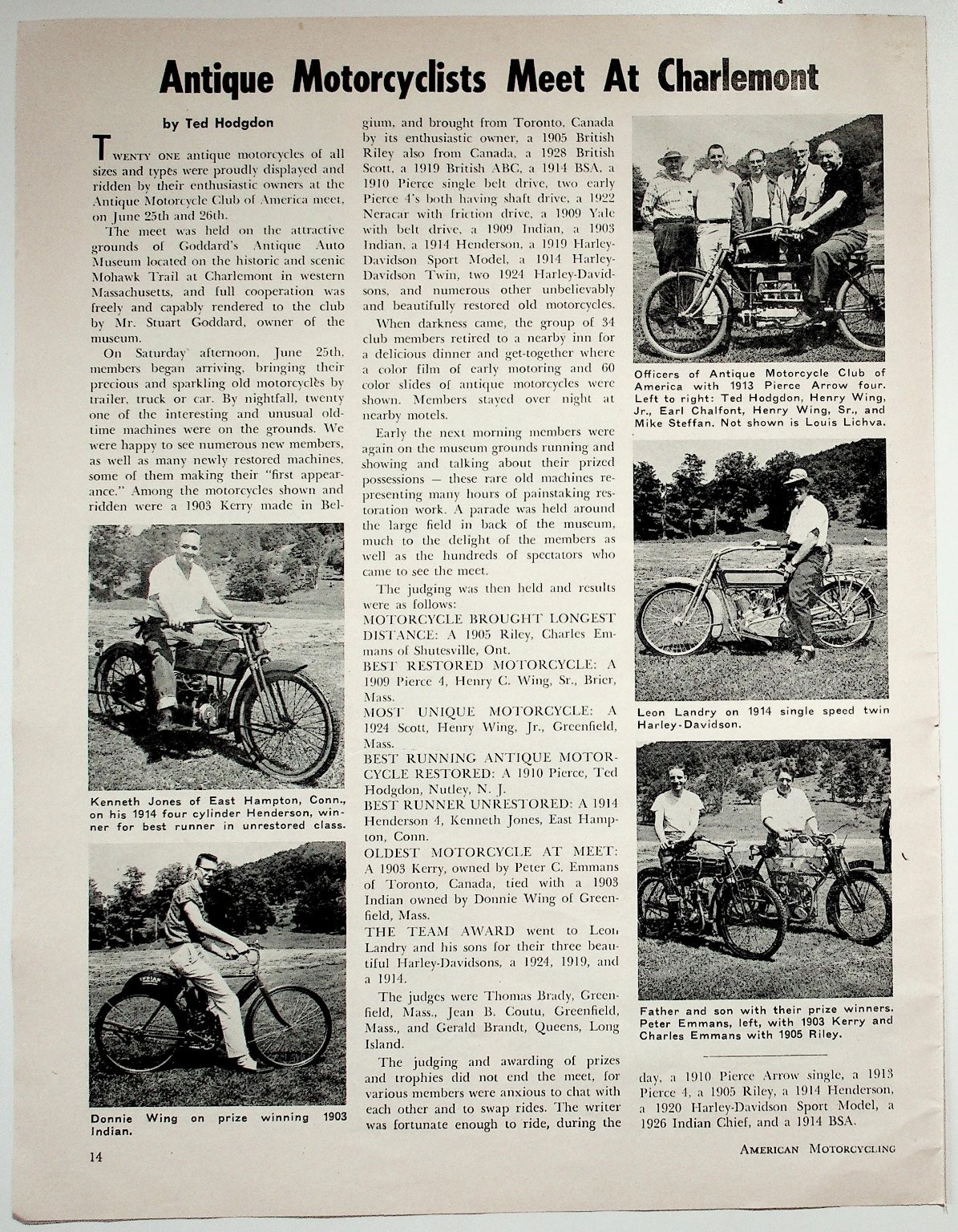 American Motorcycling Antique Motorcyclists Meet Charlemont Article 1960s