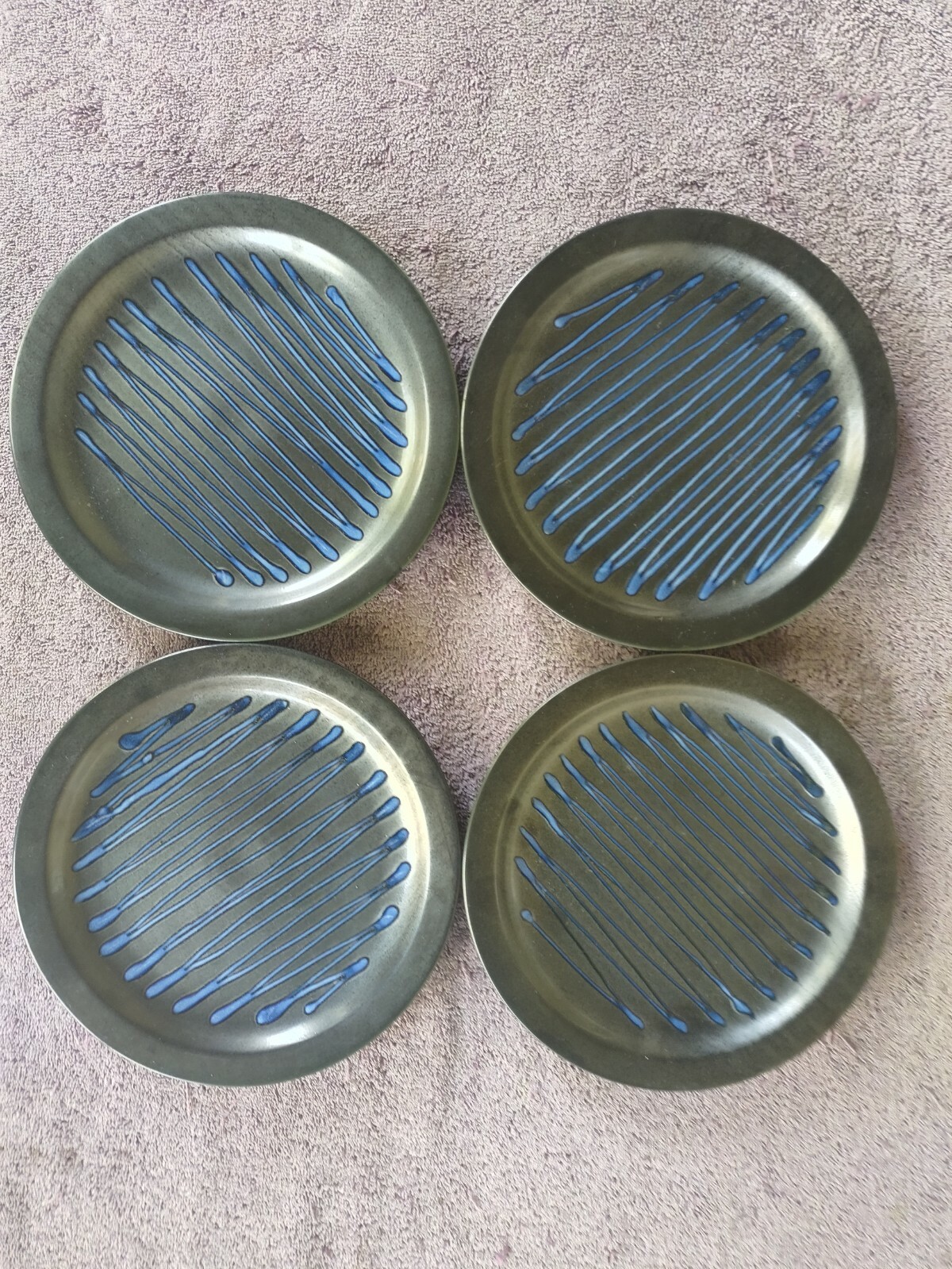 Salad Plates Brown Raised Blue Stripes Stoneware 8.5\