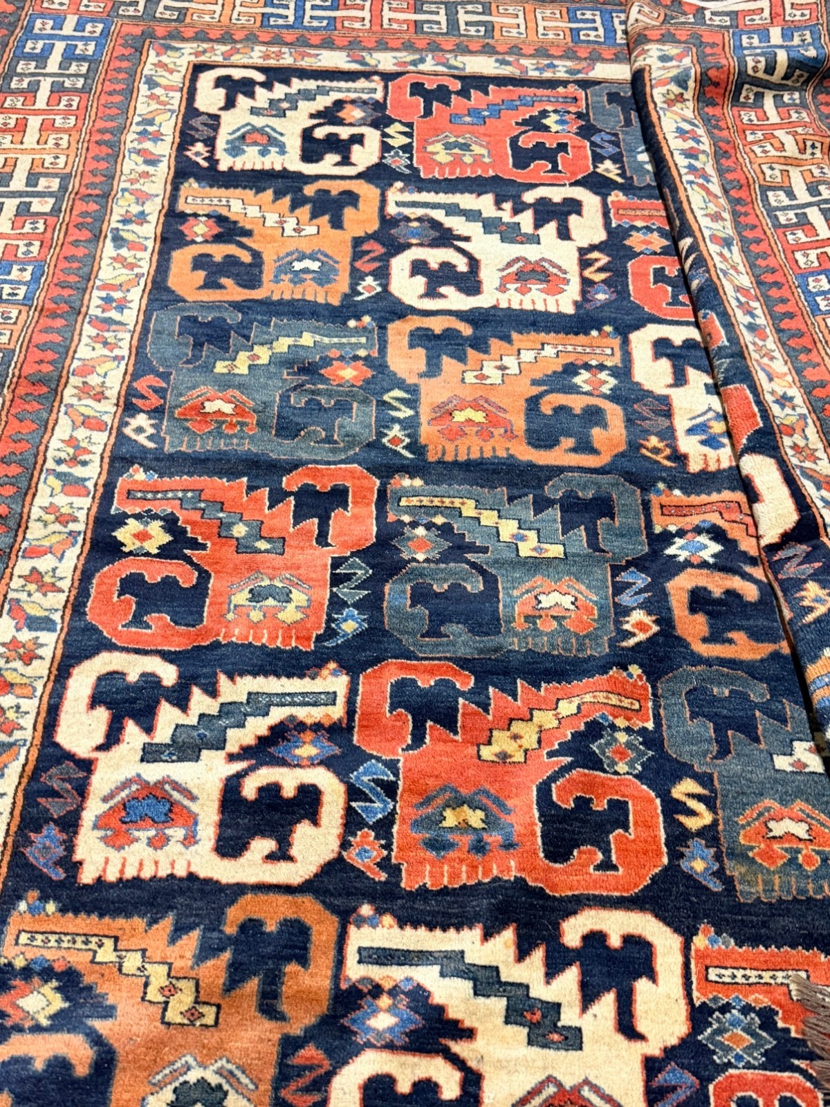 Vintage Kazak Style Hand-Knotted Wool Rug 7x6.5 | Zoomorphic Tribal Navy Rust