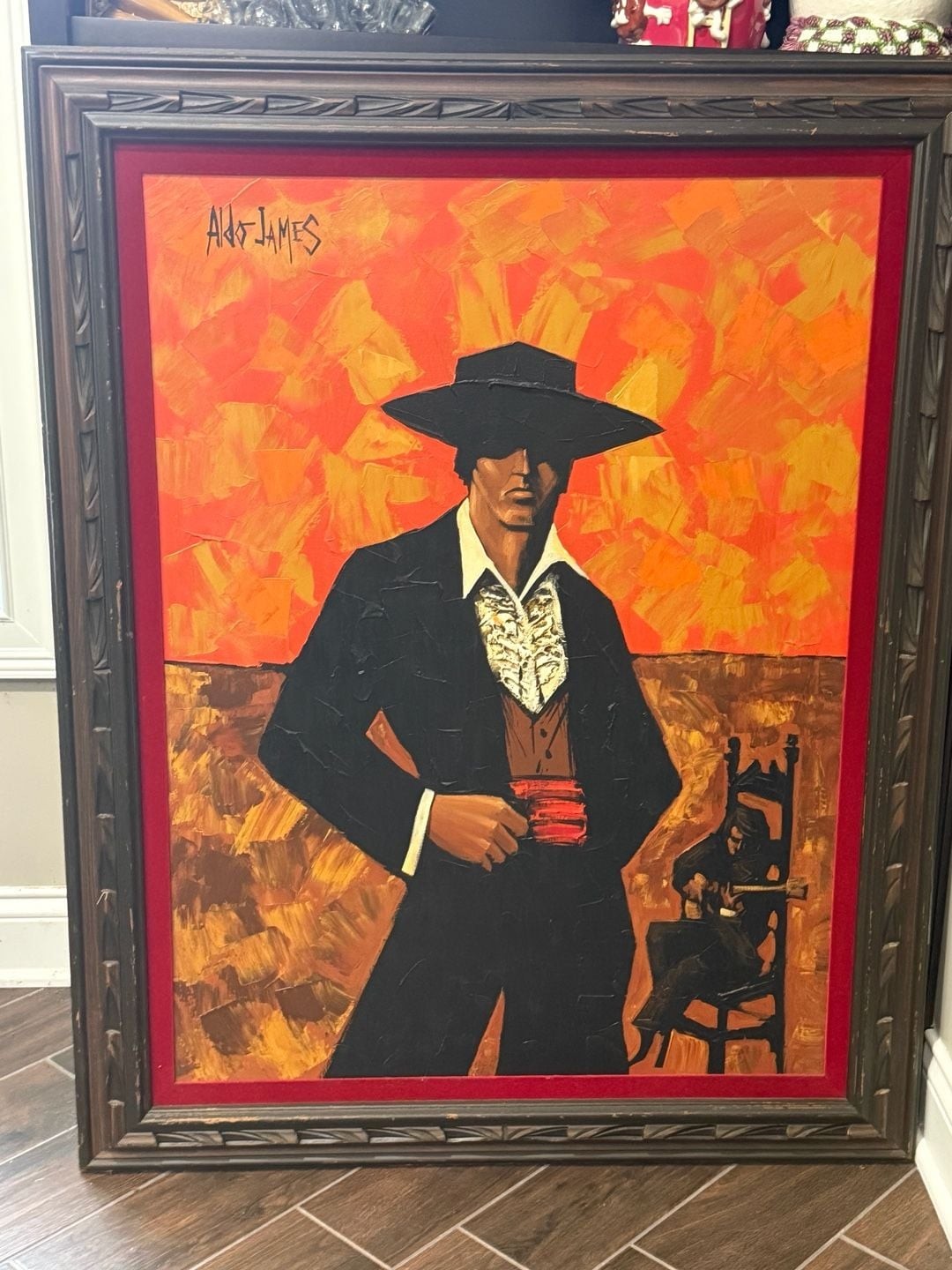 Vintage Aldo James Mid Century Modern Oil on Canvas Painting of Matador,Guitaris Vintage Aldo James Mid Century Modern Oil on Canvas Painting of Matador,Guitaris