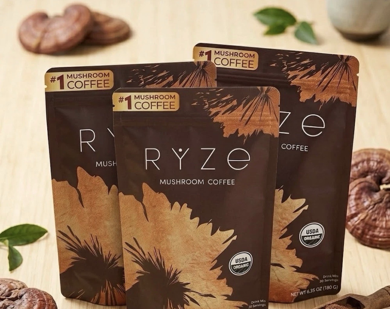 RYZE Mushroom Coffee Drink Mix, USDA Organic, 4-Pack 30 Servings 6.35 oz