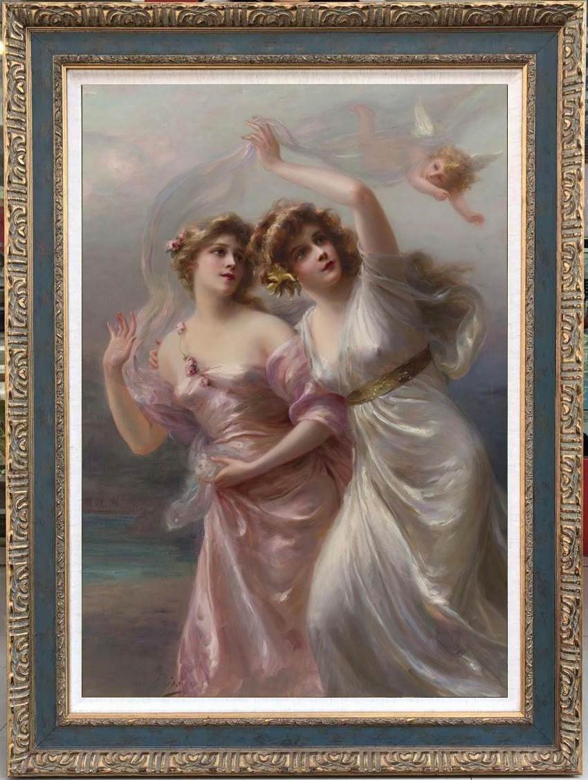 Hand Painted Oil Painting Two Elegant Maidens With Cherub Classical Mythology