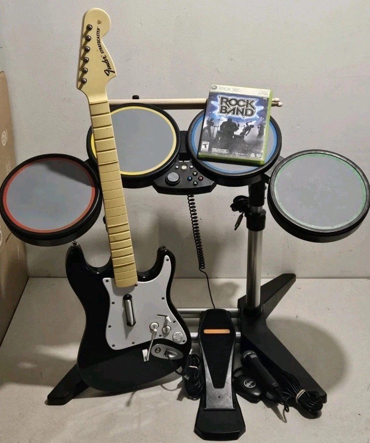 Xbox 360 Rock Band Drum Set Wired BUNDLE w/ Guitar, Game, Microphone Tested Lot