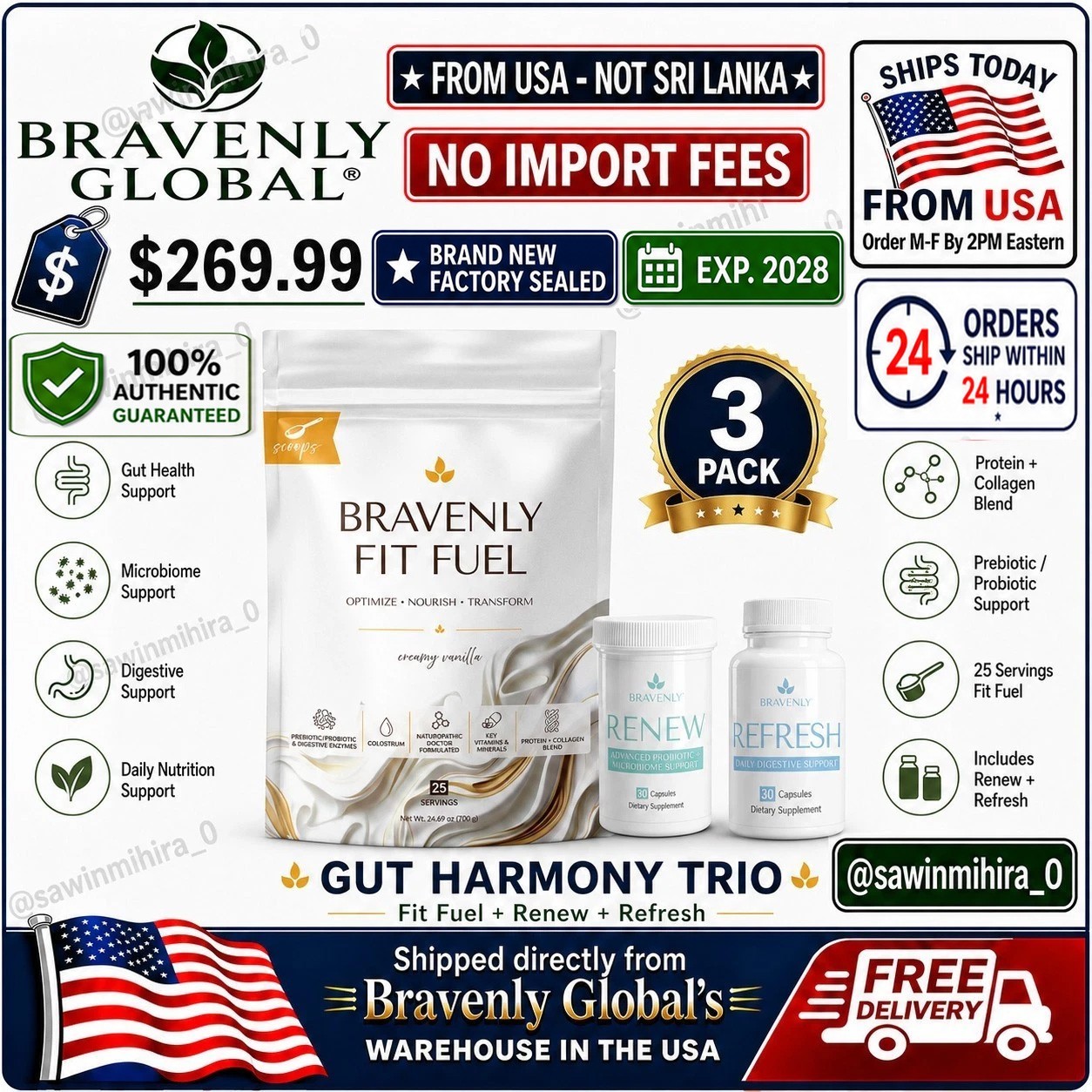 Bravenly Gut Harmony Trio Renew Refresh Fit Fuel Digestive Pack of 3🚚From USA🚚