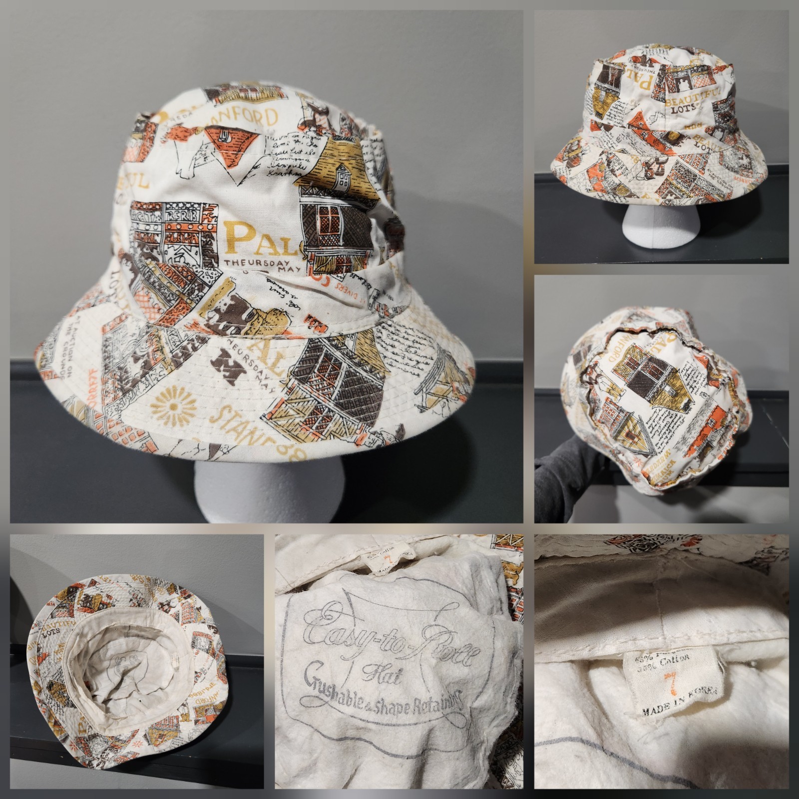 VTG Easy-to-Roll Colonial Adult Mens Size 7 All Over Print AOP Bucket Hat Cap VTG Easy-to-Roll Colonial Adult Mens Size 7 All Over Print AOP Bucket Hat Cap