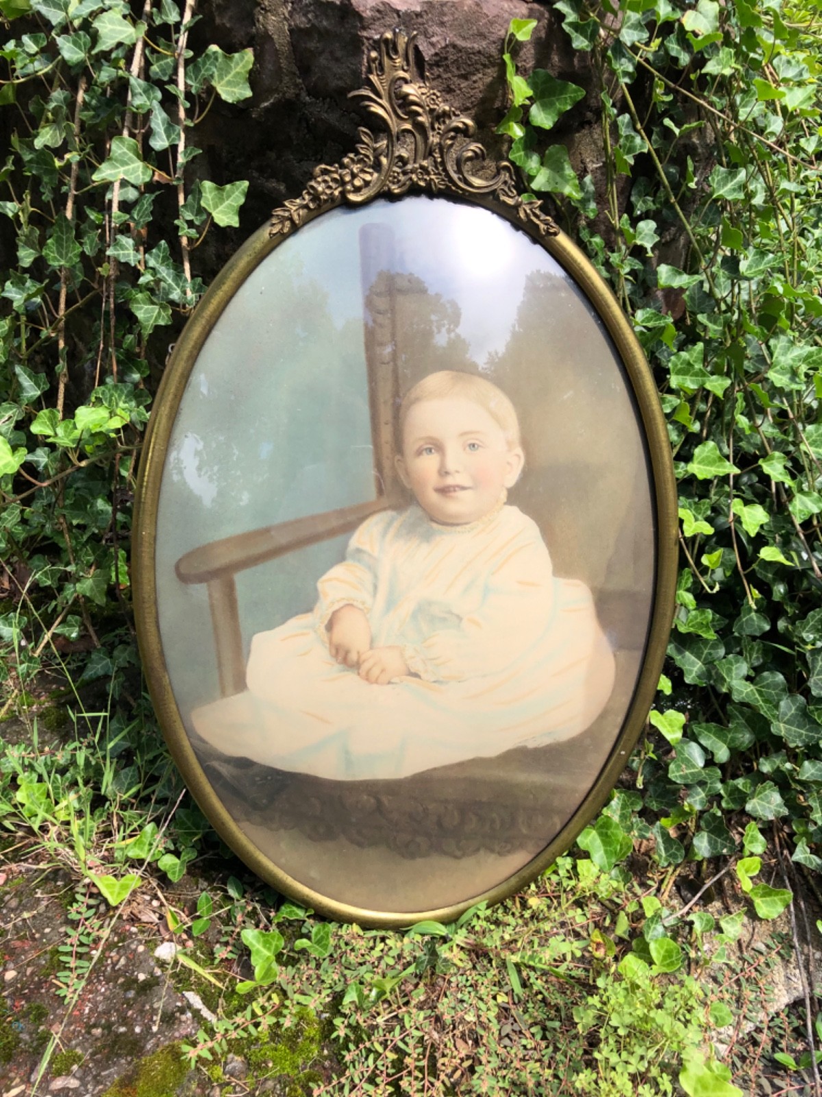 Antique Victorian Convex Domed Bubble Glass Child's Portrait Brass Frame Ornate