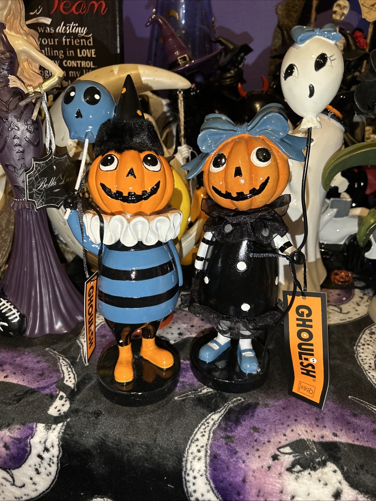 Ghoulish Retro Pumpkin Head Boy & Girl Holding Cute Balloons Halloween Decor
