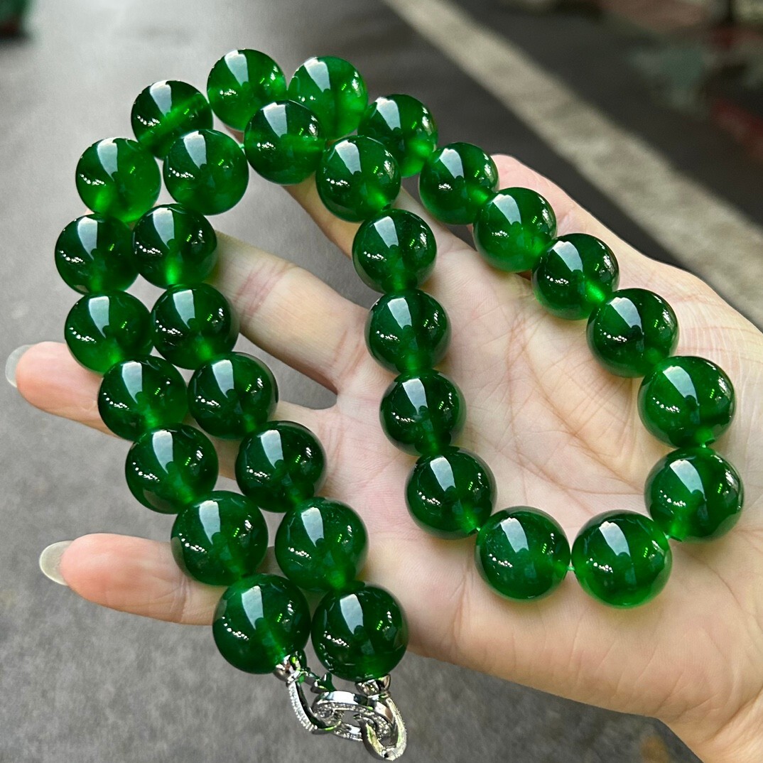 17mm  Natural Perfect Ice Green Myanmar Beads Jade jadeite Necklaces