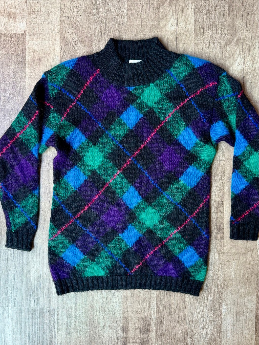 Vintage 80s Rosanna Mohair Blend Argyle Sweater M Charcoal Green Blue