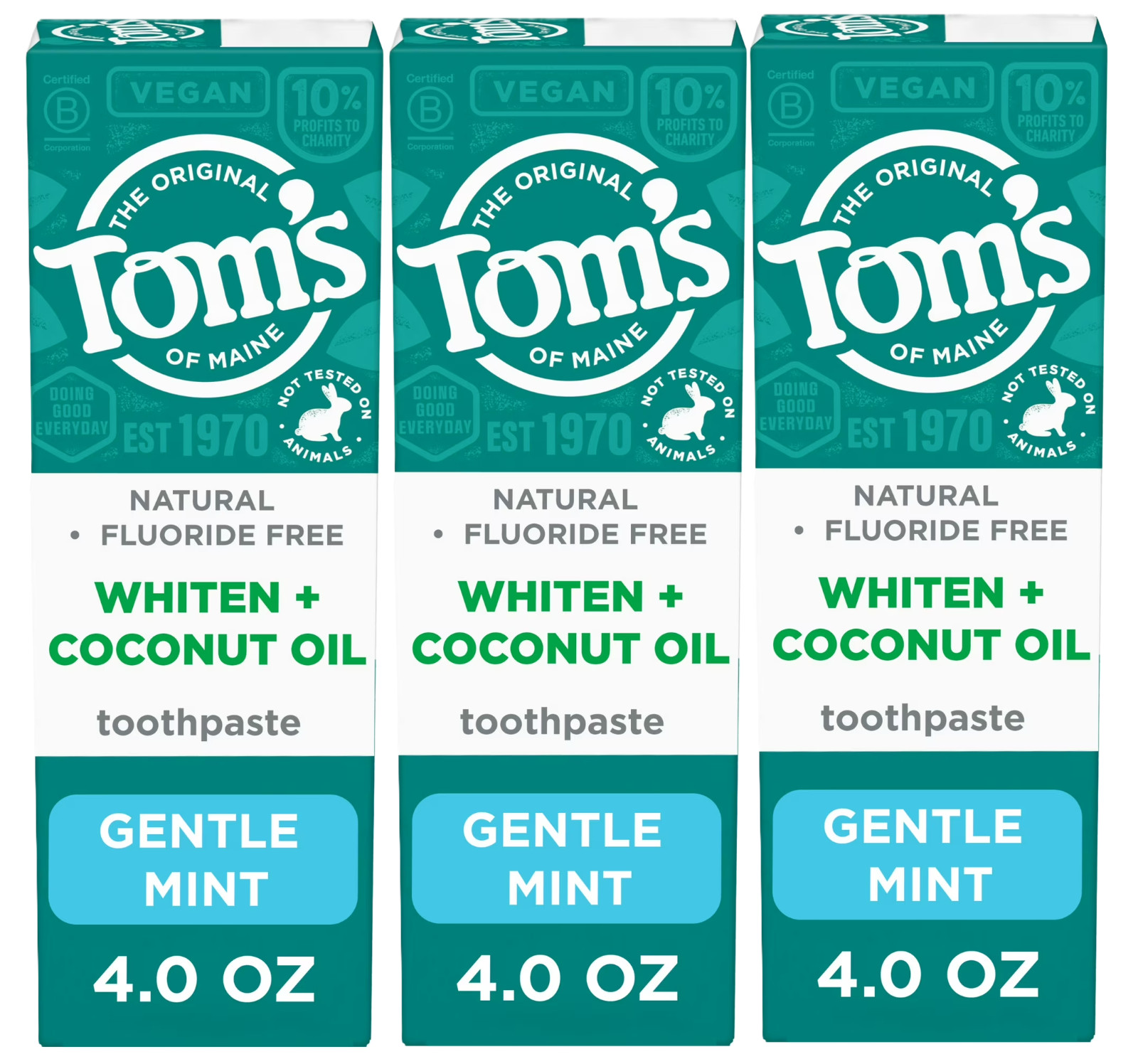 3 x Tom’s of Maine Whiten Plus Coconut Oil Fluoride Free Toothpaste, Gentle Mint 3 x Tom’s of Maine Whiten Plus Coconut Oil Fluoride Free Toothpaste, Gentle Mint
