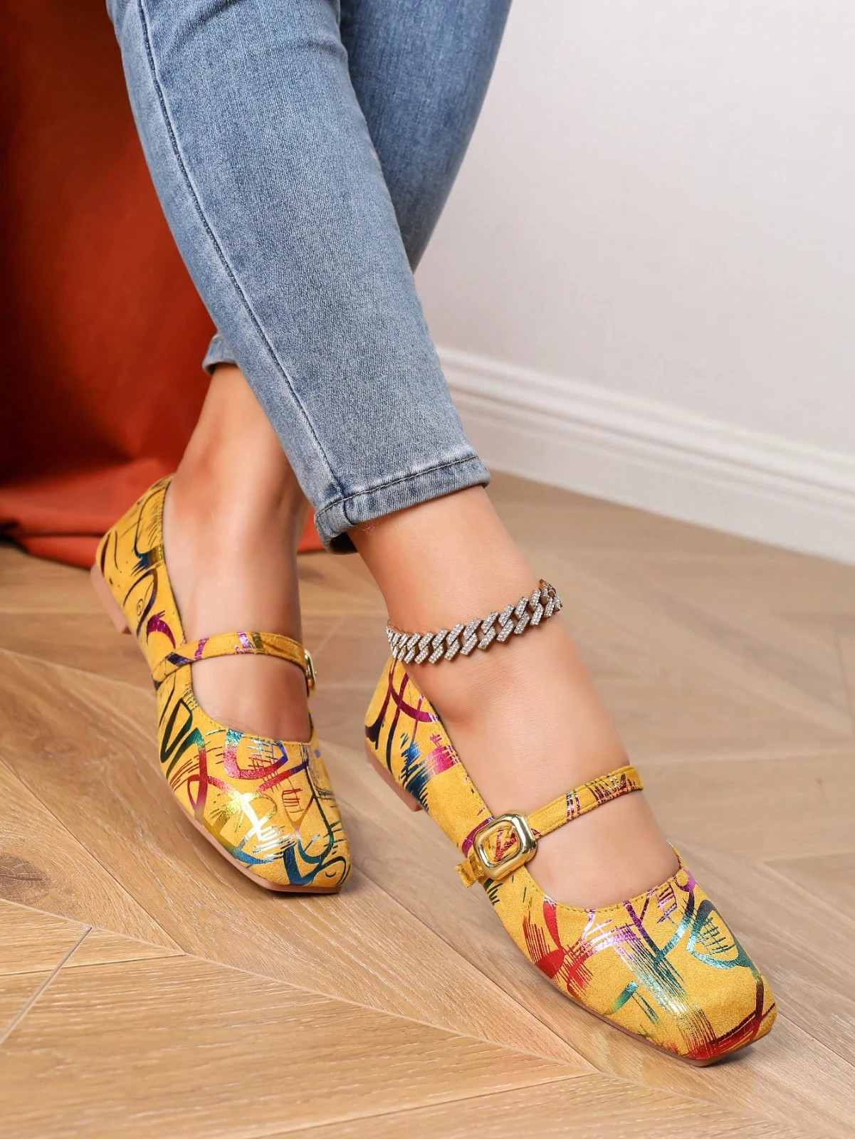 Women\'s Vintage Square Toe Mary Jane Flats Buckle Strap Casual Ballet Shoes