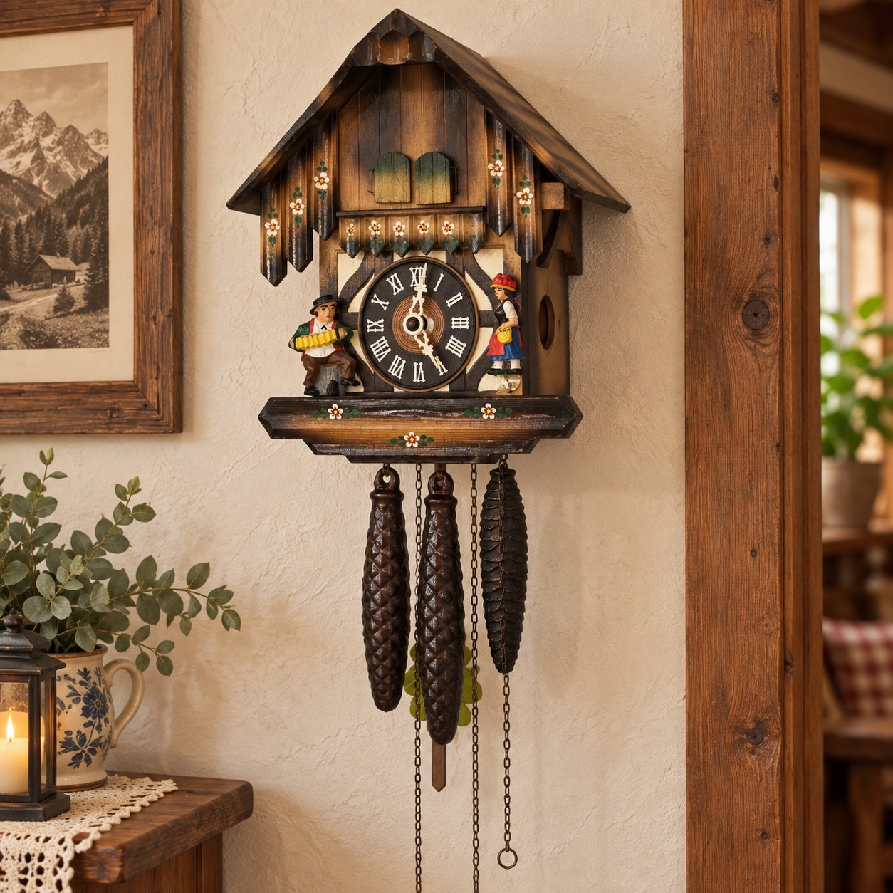 Vtg  West Germany Cuckoo Clock Chalet Mechanical Weights Pendulum Hand Painted