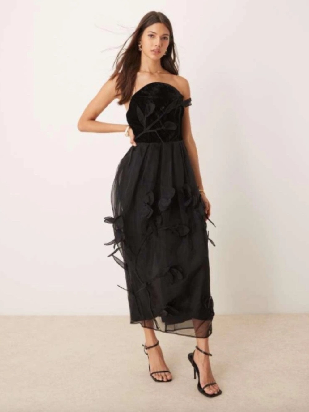 NWT ASOS EDITION floral applique velvet bandeau organza midi dress in black 2 NWT ASOS EDITION floral applique velvet bandeau organza midi dress in black 2
