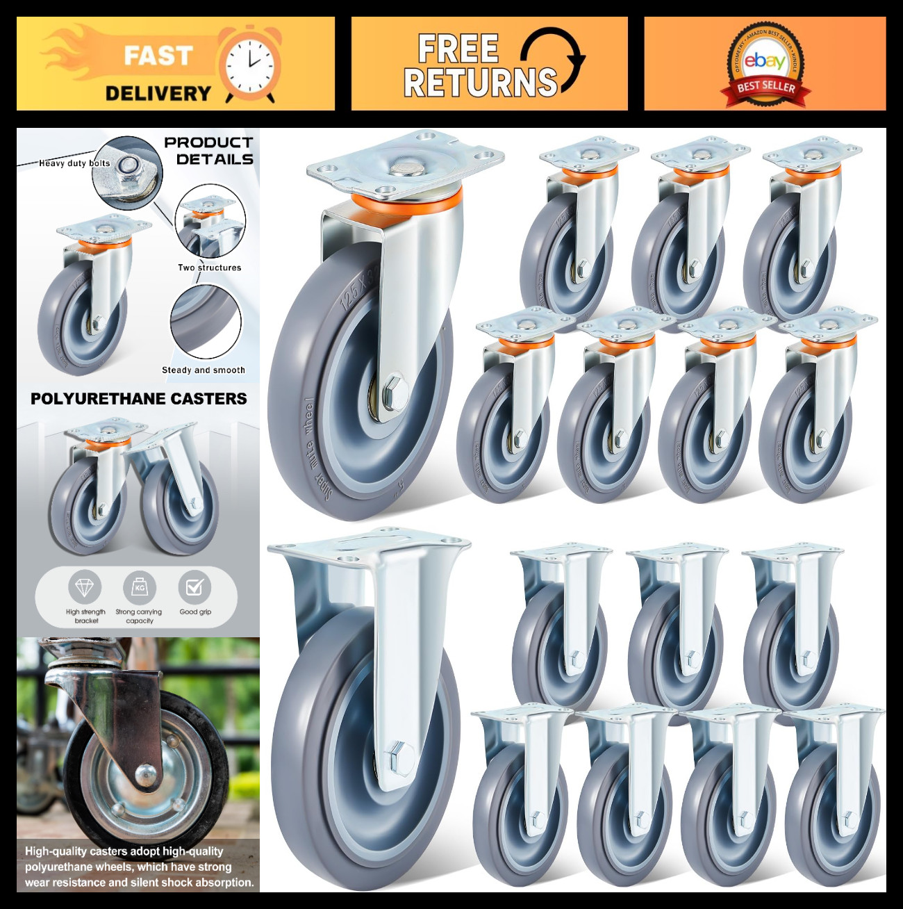 16 Pcs Heavy Duty Caster Wheels Set - 5 Inch Non-Marking TPR Rubber, 8 Swivel &