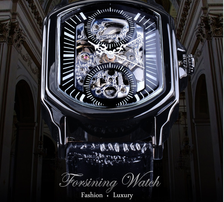 Men's Automatic Mechanical Watch Square Skeleton Dial See-Through Back