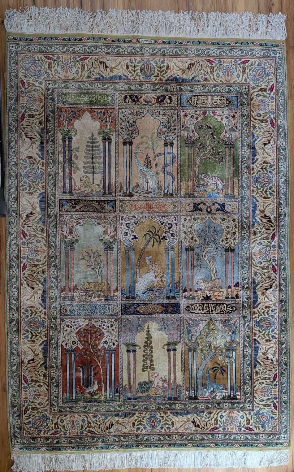 Vintage Kayseri Turkish Silk On Silk Ipek Handwoven Rug Animal theme 195 x 134