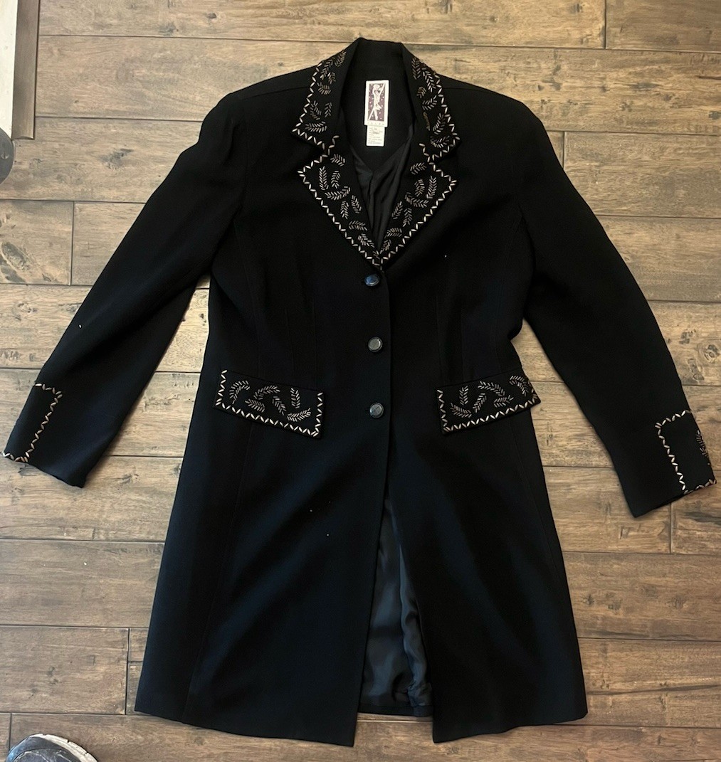 Vintage ZELDA Black Beaded Embroidered Long Coat Jacket Blazer - Size 12