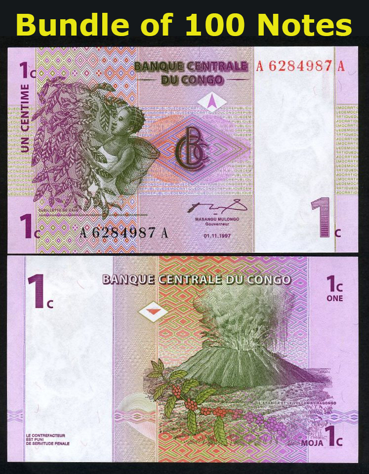 FULL BUNDLE, Congo D. R. 1 Centime x 100 pcs, 1997, P-80, UNC