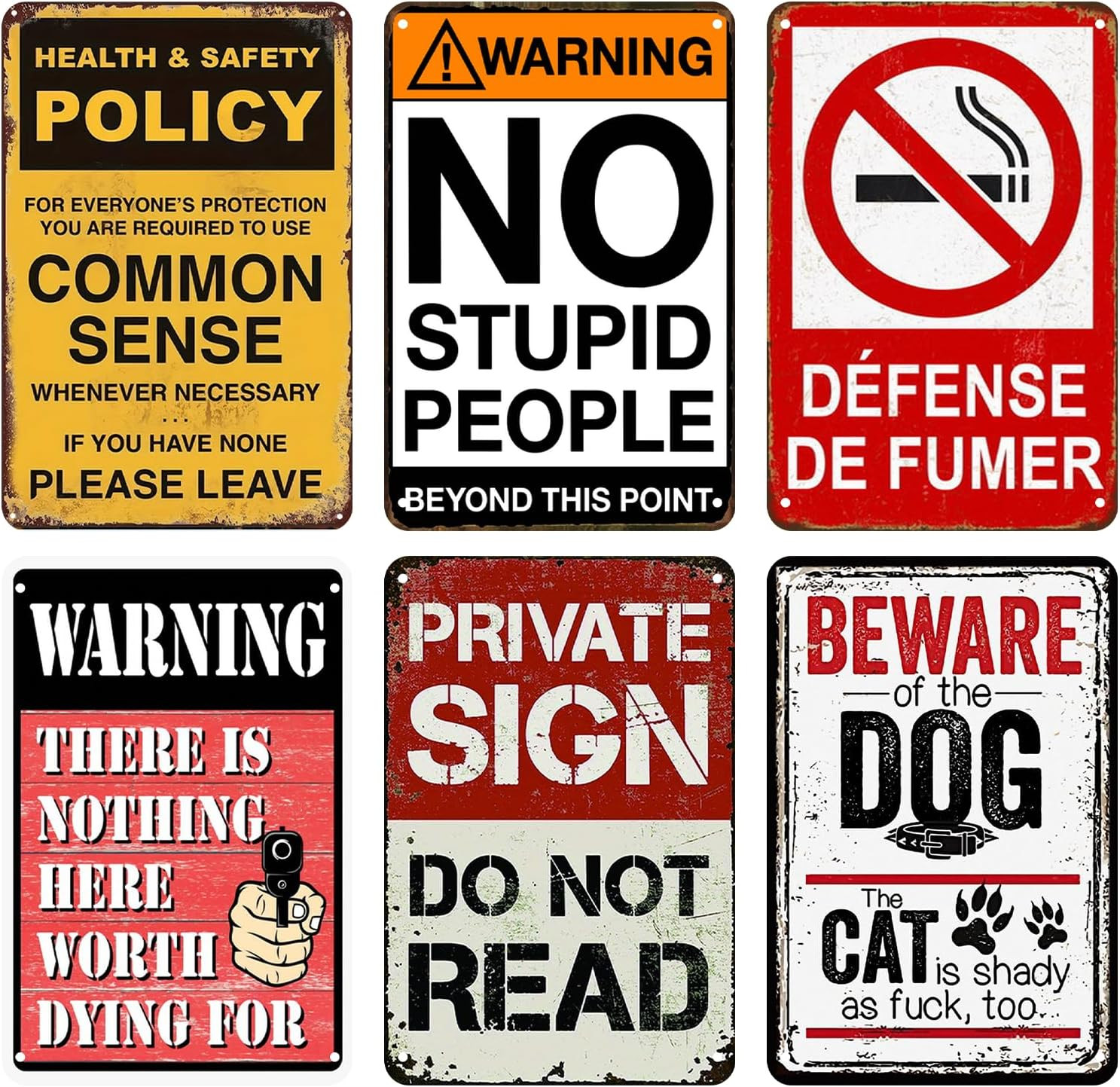 Vintage Warning Sign Metal Tin Signs 6 Pcs Funny Sarcastic Retro Decor