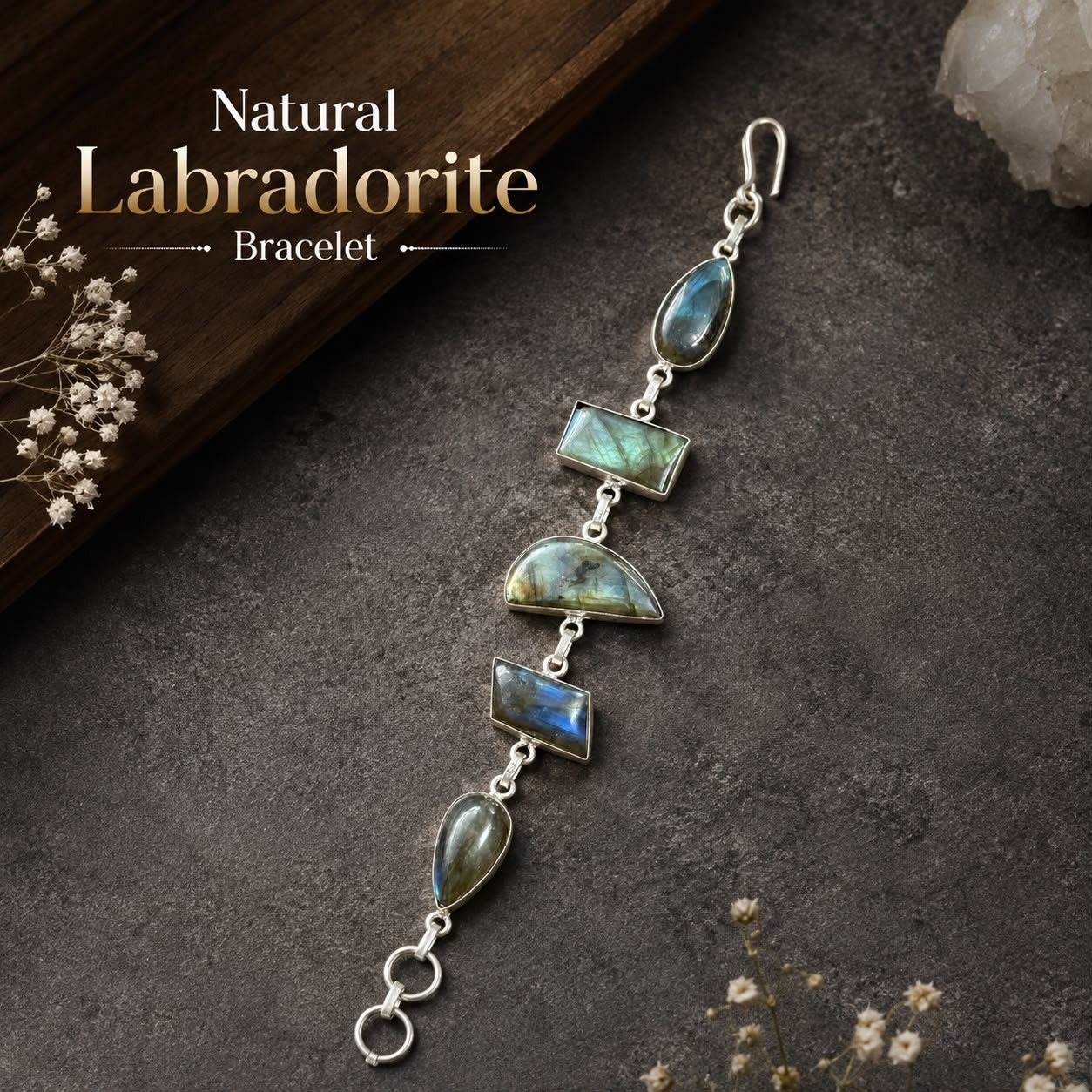 Natural Labradorite Gemstone Bracelet Silver-Toned Plated Boho Crystal Jewelry