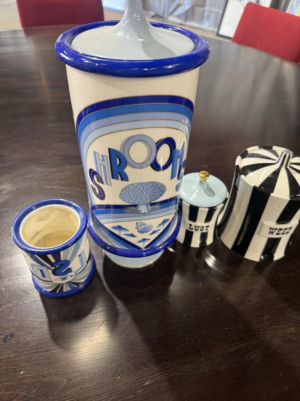 4 Set Druggist Shrooms Canister, LSD, Lust, Weed Porcelain by Jonathan Adler. 4 Set Druggist Shrooms Canister, LSD, Lust, Weed Porcelain by Jonathan Adler.
