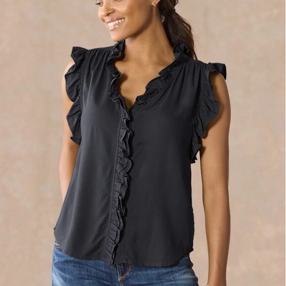 Dylan Women’s Milla Ruffle Button Up Top Size Large in Black Sand