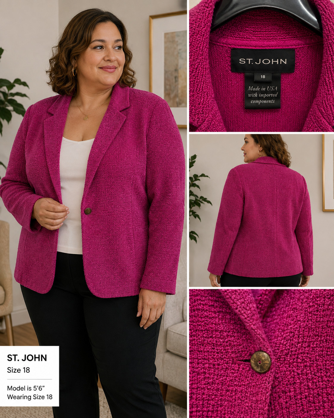 ST. JOHN Women’s Fuchsia Wool Blend Textured Knit Blazer – Size 18