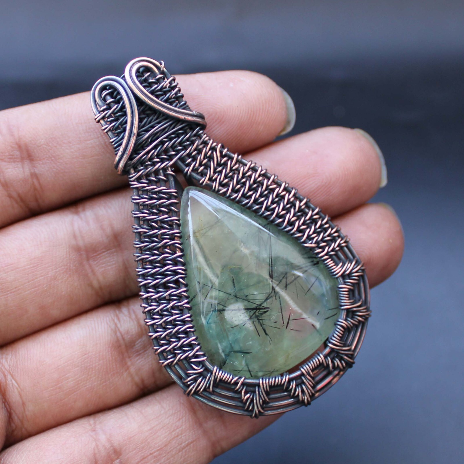 Prehnite Handmade Pendant Copper Wire Wrapped Pendant Gemstone Copper Jewelry