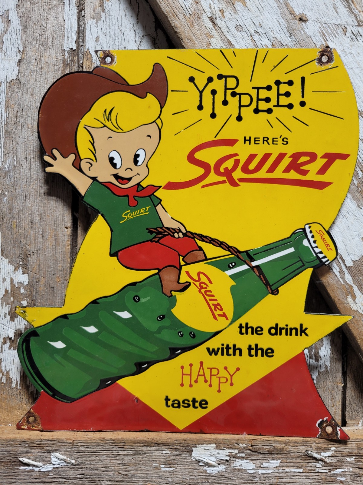VINTAGE SQUIRT PORCELAIN SIGN OLD SODA POP BEVERAGE DRINK BOTTLE BOY RODEO FOOD