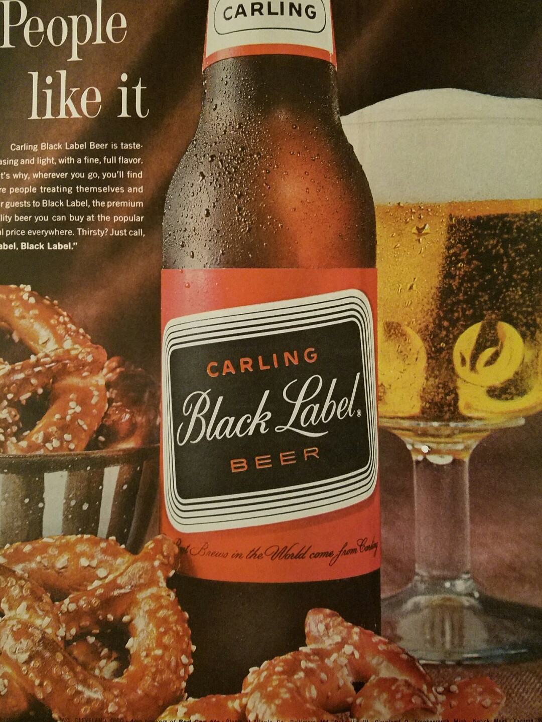 1963 Carling Black beer glass pretzels people like it ad 1963 Carling Black beer glass pretzels people like it ad