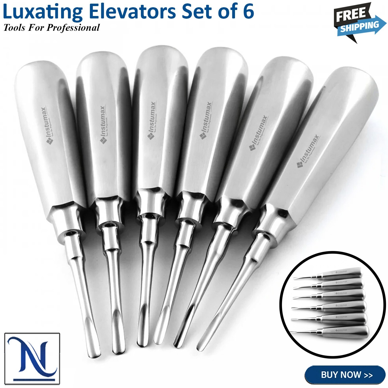 Set Of 6 Dental  Elevators Straight Curved Shank Surgical Extraction Kit