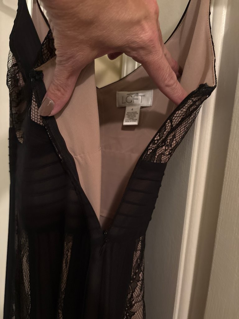 LOFT Black Lace Overlay Midi Dress with Nude Lining, Size 4
